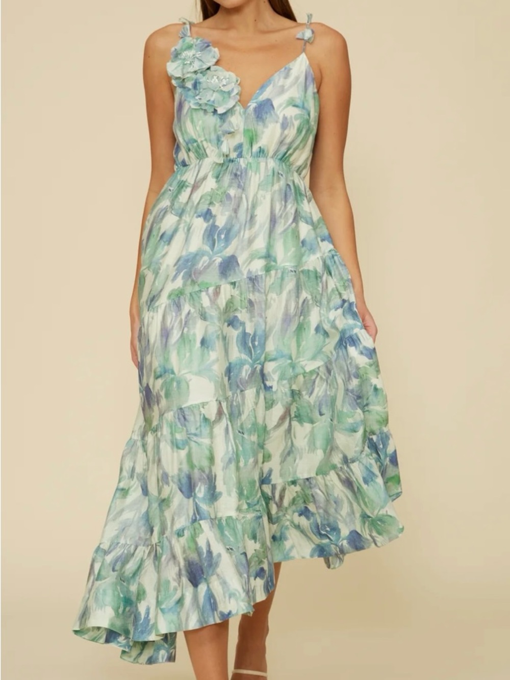 Lucy Paris Blue and Mint Floral Tiered Midi Dress